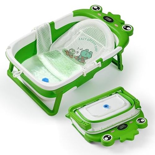 Baby Bathtub,Collapsible Baby Bath Tub with Soft Cushion & Thermometer, Space Saving Foldable & Travel Newborn Bathtub for Infant to Toddler 0-36 Months, Frog Green