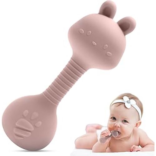 Silicone Rattle Teether for Babies – Soft BPA-Free Teething Toy & Sensory Rattle – 100% Food Grade Silicone, CPC Certified – Soothing Relief for Infants & Toddlers (Rabbit - Pink)