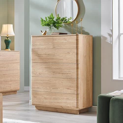 6 Drawer Dresser for Bedroom, 42 Inch Tall Modern Chest of Drawers, Push-to-Open Wood Storgae Organizer with Large Drawers for Bedroom, Living Room, Hallway, Natural Oak