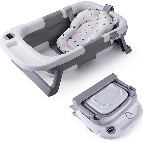 Foldable Baby Bath Tub,Newborn Baby Bath Tub with Soft Bath Mat and Real Time Water Temperature Display,Portable Travel Bathtub with Drain Hole toToddler 0-36 Months (Grey2)