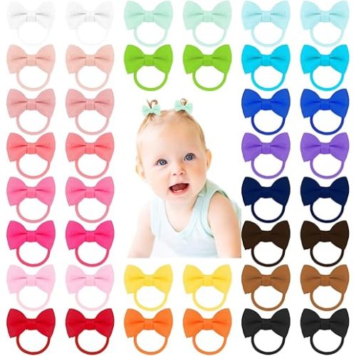 40pcs 1.6 Inches Baby Hair Ties with Bows Elastics Ponytail Holders Baby Bows Tiny Rubber Ribbon Hair Bands For Baby Girls Infants Hair Accessories