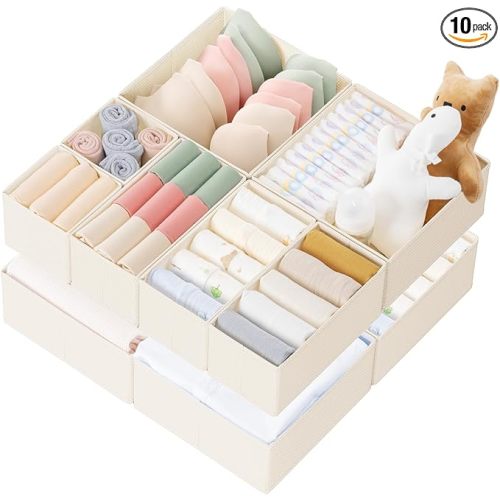 Criusia Drawer Organizer Clothes, 10 Pack Dresser Organizer for Baby Clothes, Underwear, Sock- Foldable Closet Organization and Storage Dividers Bins for Nursery, Bedroom (Beige)