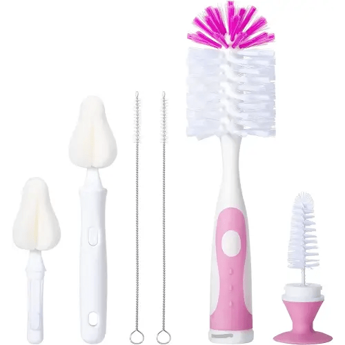 Baby Bottle Brush Set with Nipple Cleaner and Suction, 10.2" Cleaning Brush and 6.5" Sponge Bottle Brush with A Replacement Brush Head and Two 6.7" Straw Brushes, Pack of 5 (Pink)