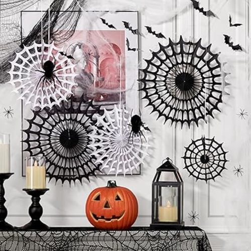 Spider Webs Decorations with 5 Black White Paper Fans, 6 Fake Spiders and 12 Bat Wall Stickers for Wall Indoor Outdoor Halloween Party Decor