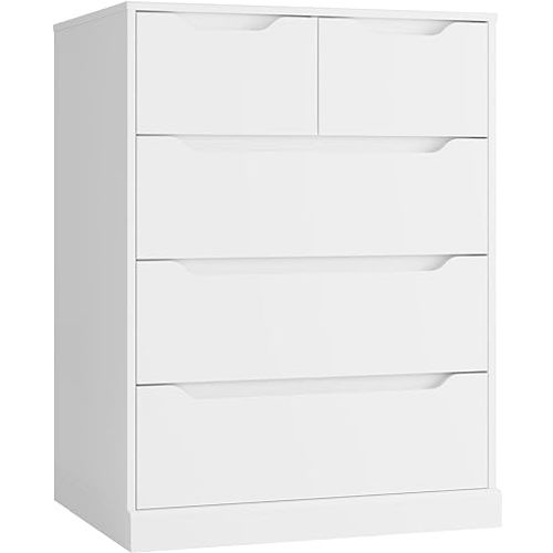 HOSTACK Modern 5 Drawer Dresser for Bedroom, Chest of Drawers with Storage, Wood Storage Chest Organizers with Cut-Out Handles, Accent Storage Cabinet for Living Room, Entryway, Hallway, White