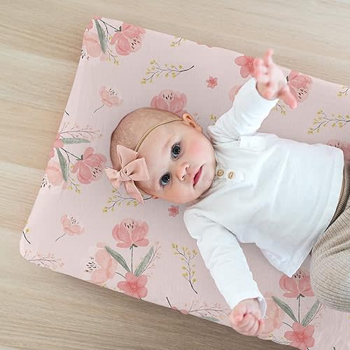 Stretchy Changing Pad Covers BROLEX Carddle Sheet Set for Baby Boys Girls,2 Pack Jersey Knit,Pink Blossom