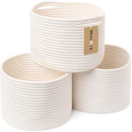 Small Storage Basket for Organizing | Cube Shelf Closet Storage Baskets | 9.7×9.7×7.1” Cute Baby Basket for Nursery | Woven Rope Basket Bins | Gift Basket Easter | Round 3 Packs Off White