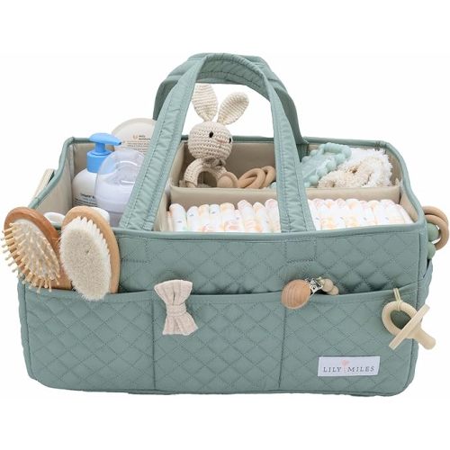 Lily Miles Baby Diaper Caddy Organizer, Quilted Nursery Storage Basket for Newborn Essentials and Diaper Changing Station, Gift for Baby Shower and Registry Must-Have (Willow Green)