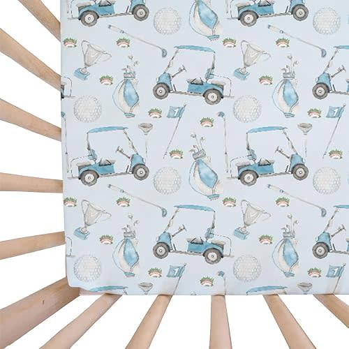 Baby Boys Standard Crib Sheet Covers Golf Gear Sport, Watercolor Blue Ball Glove Car Stick Snug Fitted Toddler Mattress Sheet, Soft Stretchy Breathable Kids Nursery Bed Decor Gift 52 x 28