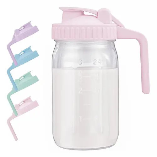 Breast Milk Pitcher with Leak Proof Flip Cap & Pour Spout, 32 oz Wide Mouth Mason Jars for Breast Milk Storage Container, Glass Picther with Lid for Cold Brew Coffee, Sun Tea, Juices, Pink