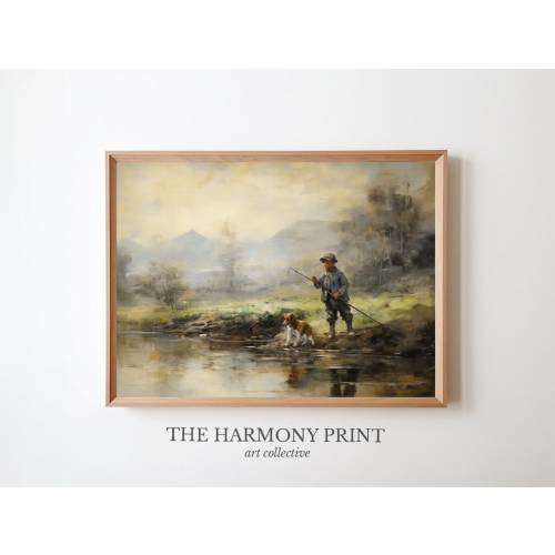 Timeless Artwork of Boy Child Fishing with Dog | Beautiful Vintage Oil Painting, Fishing Artwork Nursery Print