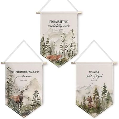 ChissNook Christian Woodland Nursery Canvas Banner Set of 3, Woodland Forest Wild Animals Nursery Hanging Pennant Banner Flags Wall Display, Bible Verse Wall Decor for Kids Boys Room Bedroom Playroom