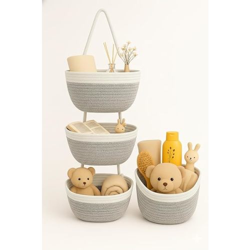 Japanese Handmade Cotton Rope Hanging Basket Organizer – 3 Tier Wall boho Storage Organizer for Toys , Snacks & Décor – Eco-Friendly Coiled Weaving Craft, Housewarming & Shower Gift (White&beige)