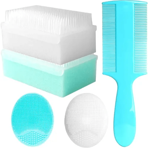 Cradle Cap Brush for Babies, Set of 5 Baby Bath Essentials with Bath Sponge Silicone Scrubber Long Handle Comb for Newborns Toddlers Boys Girls (Green)