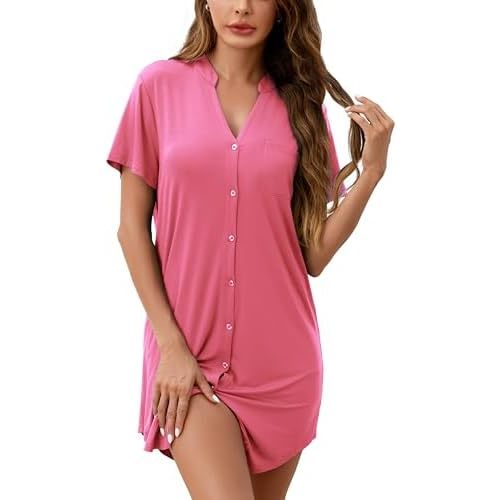 Women's Button Up Nightgown Short Sleeve Sleepshirt Maternity Sleepwear Sexy Night Gown for Women