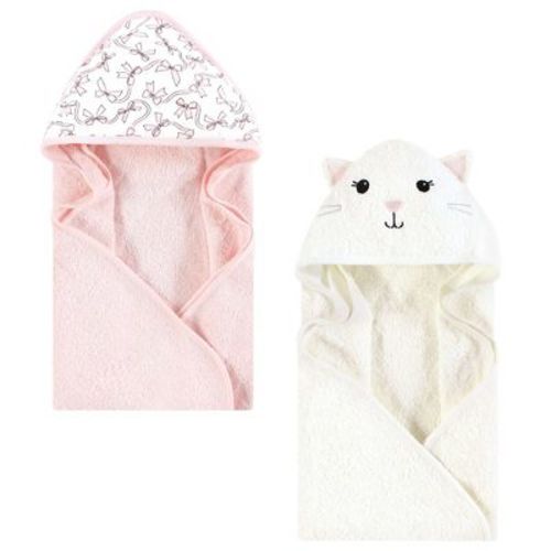 Hudson Baby Infant Girl Cotton Animal Face Hooded Towel, Pink Bow Kitty, One Size