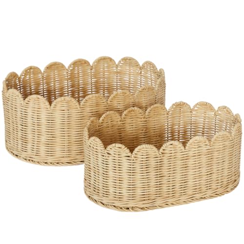 BEBE BASK Premium Scalloped Basket Set Of 2 - Scallop Basket - 16 x 10 x 7 Inch - Hand-Woven Elegant Wicker With Scalloped Edge - Nursery Storage - (Natural)