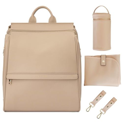 MIA + SOPHIA Leather Diaper Bag Backpack with USB Charging port, Changing Pad, Stroller Straps, and Bottle Holder(Beige Sophia)