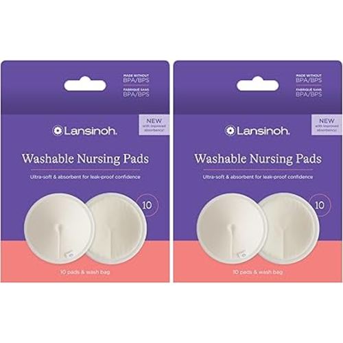 Lansinoh Washable Nursing Pads, Made with Organic Bamboo Viscose, Reusable Breast Pads for Breastfeeding with Wash Bag, Breastfeeding Essentials, 10 Count (Pack of 2)