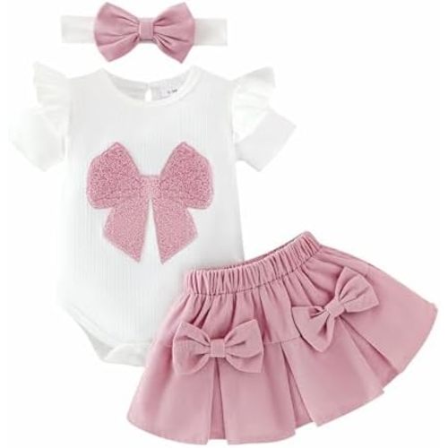 Baby Girl Clothes Summer Outfits Newborn Ruffled Short Sleeve Romper Cute Bows Skirt with Headband 3PCS 0-18 Months