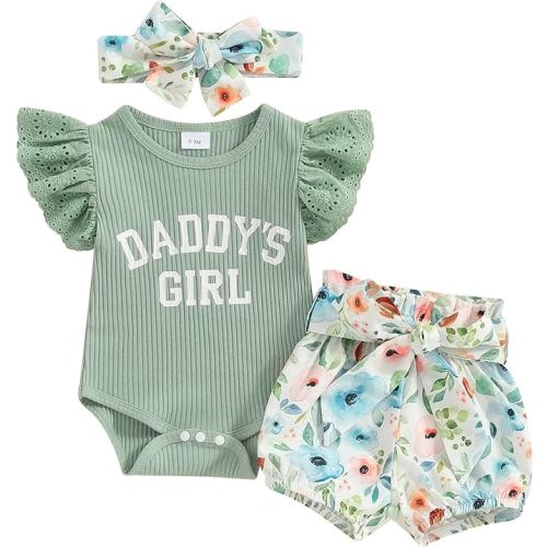 Newborn Baby Girl Clothes Little Sister Ruffle Romper Onesie Ribbed Top Floral Shorts Matching Outfits Set - A-daddys Girl Green - 3-6 Months