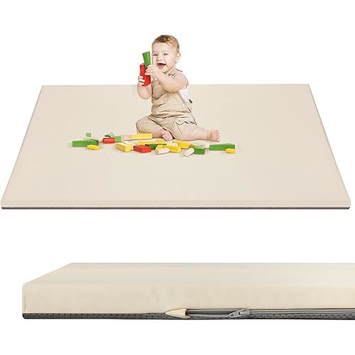 Baby Play Mat 50" X 50",Premium Foam Crawling Mat, Thick & Super Soft Vegan Leather Floor Mat,Non-Slip Cushioned Baby Playmat for Infants, Babies, Toddlers,Mat for Living Room(Cream)