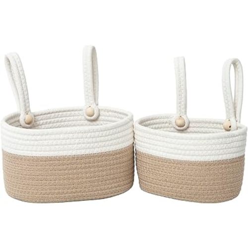 Cotton Hanging Basket for Organizing Hanging Wall Basket With Handle for Wall Decor Bedroom Car Seat Back Stroller (Khaki white)