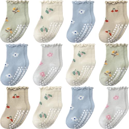 Baby Toddler Girls Socks Grip Ruffle Non Slip Girls Cotton 12 Pack Socks for Kids Cute Ankle 6M-7Years