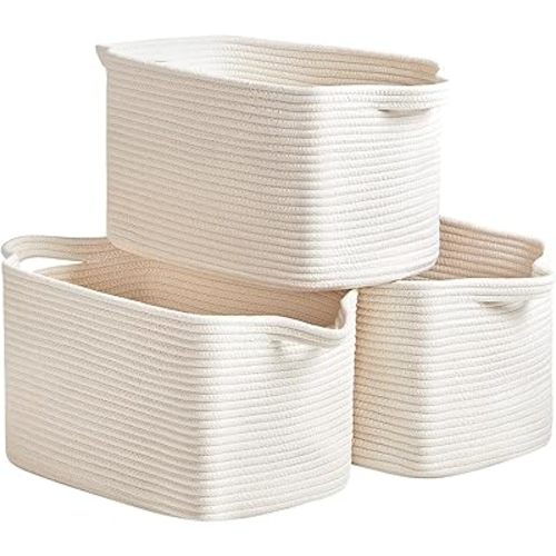 Cotton Rope Basket Set of 3 (15"x10.2"x9.1") - Rectangle Storage Bins - Versatile Toy Storage Organizer - Perfect for Kids, Dog Toys, Books, Shelves - White