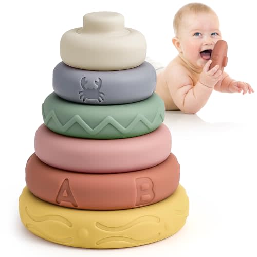 Mini Tudou 6 Pcs Stacking & Nesting Circle Toy,Soft Building Rings Stacker & Teethers,Squeeze Play with Early Educational Learning Stacking Tower, Toy for 6+ Months Boys&Girls