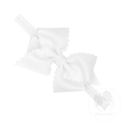 Extra Small Scalloped Edge Grosgrain Hair Bow on Matching Elastic Band - WHITE / NEWBORN (0-6 MONTHS) | Wee Ones Hair Bows & Accessories