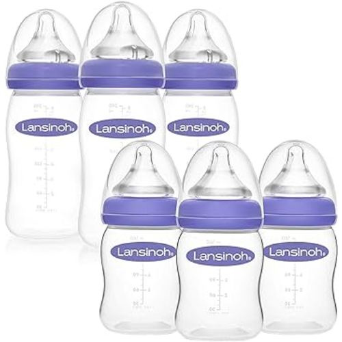 Lansinoh Anti-Colic Baby Bottles for Feeding Babies, 3 Count Each of 5 Ounces and 8 Ounces, 6 Bottles Total, includes 3 Medium Flow Nipples (Size M) and 3 Slow Flow Nipples (Size S)