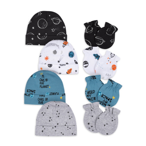 Gerber Baby Boy No Scratch Mittens & Caps Set, 8-Piece (Newborn - 0/3M)