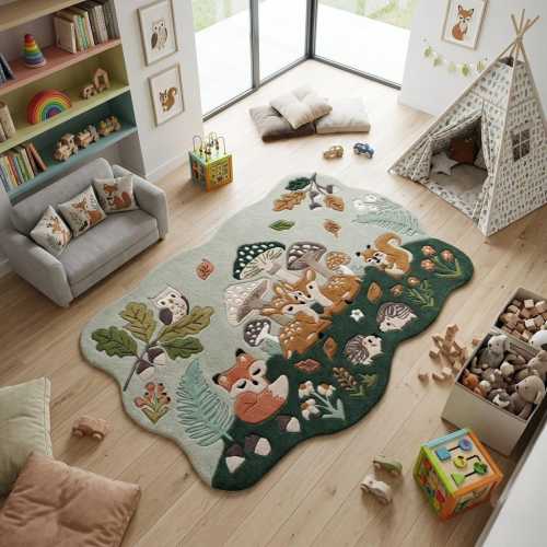 Woodland Nursery Rug, Hand Tufted Wool Area Rug, Kids Forest Animal Carpet, Fox Deer Mushroom Rug, Baby Room Decor, Custom Playroom Rug