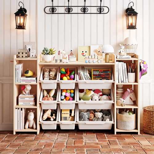 Montessori Toy Storage Organizer with Bins | Solid Wood Kids Bookshelf | 5-in-1 Playroom Organizer Toddler Shelf