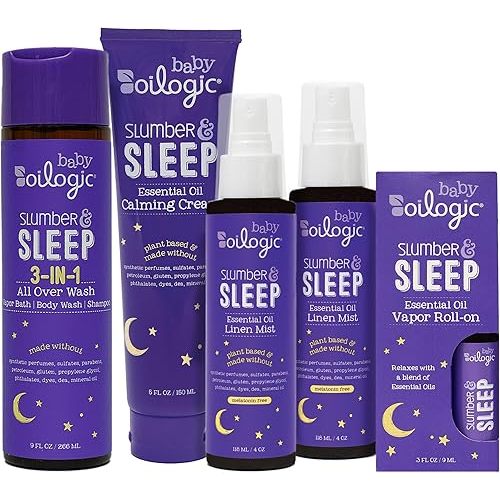 Oilogic Slumber & Sleep Baby Bath Essentials Gift Set, 5-Pack - Essential Oil Care Includes Roll-On, Calming Cream, Vapor Bath, and Two Linen Mist - Relaxing Lavender & Chamomile