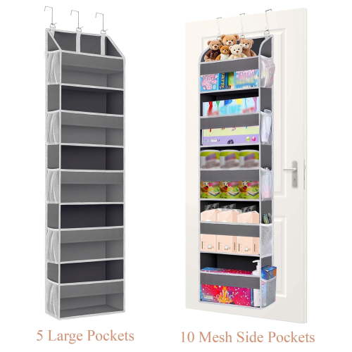 Yalumo Over The Door Organizer, Bathroom Organizers and Storage with 5 Large Pockets 10 Mesh Side Pockets, 44 lbs Weight Capacity Behind Door Organizer Hanging Door for Bathroom Bedroom Nursery, Grey