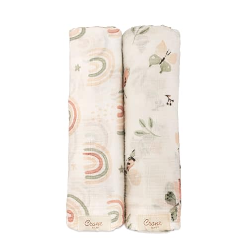Crane Baby 100% Cotton Muslin Swaddle Blankets, Butterfly/Rainbow, Baby Swaddle Blanket, Set of 2, 47" x 47", Swaddles for Newborns, Baby Muslin Swaddle Blanket, Swaddle Blankets for Boys & Girls