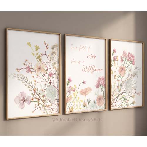 Wildflower Prints, Boho Nursery Wall Art, Wildflower Nursery Decor, Girl Nursery Decor, Floral Nursery art, In a field of roses