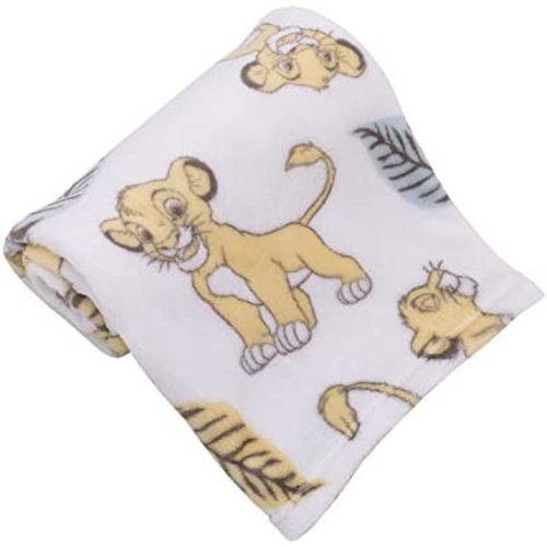 Disney Lion King Super Soft White, Yellow, Green Simba Leaves French Fiber Baby Blanket, White, Green, Yellow