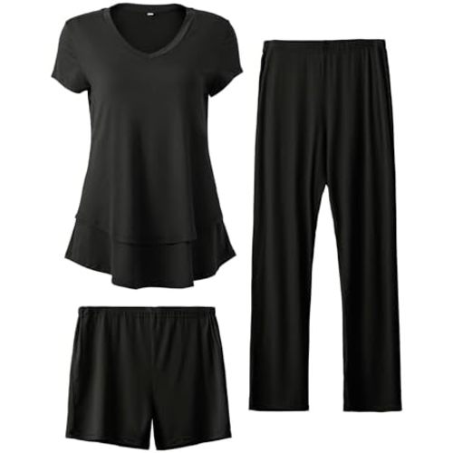 SUNNYBUY 3 PCS Maternity Breastfeeding Pajamas Set, Hidden Nursing Tops, Adjustable Pregnancy Shorts & Pants Postpartum PJS