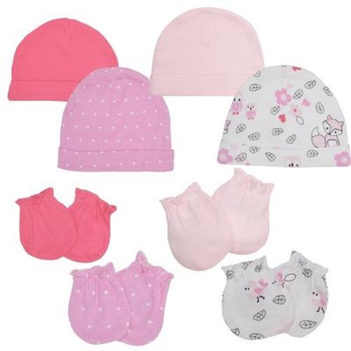 Everyday Kids 8-Piece Baby Girls Hat and Mittens Set – 4 Cotton Beanies and 4 No-Scratch Mittens for Newborns – Pink Fox Print