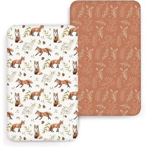ACRABROS Crib Sheets for Girl Boy: Stretchy Baby Fitted Crib Mattress Sheets Sets 2 Pack Standard Size Ultra Soft Neutral, Fox&Leaf