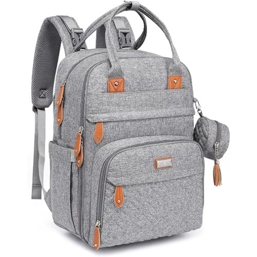 BabbleRoo Diaper Bag Backpack - Baby Essentials Travel Tote - Multi Function Water Resistant Diaper Bag, Travel Essentials Baby Bag with Changing Pad, Stroller Straps & Pacifier Case - Light Gray