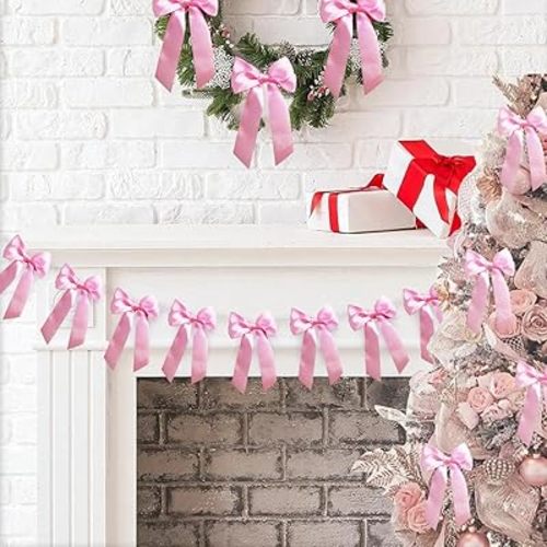 Pink Valentines Tree Decorations, Coquette Galentines Day Decor Pink Bows Valentines Day Garland Bow Hanging String Banner Wedding Anniversary Birthday Party Supplies Pink Party Supplies