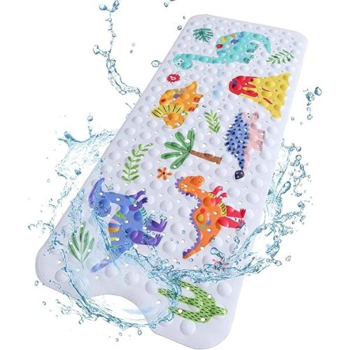 GDV Baby Bath Mat for Tub for Kids, 40 X 16 Inch Extra Large Bathtub Kid Mat Non Slip, Cartoon Kids Bath Mat, with Suction Cups & Drain Holes, Machine Washable Bathroom Mats (Dinosaur)