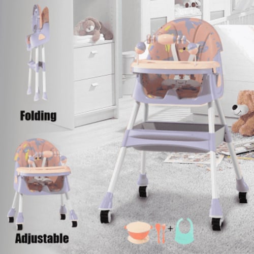 Magic 4-in-1 Infant High Chair, Child Feeding Chair, Telescopic Removable Tray, Removable Universal Wheels, Toy Shelf, Graffiti pink