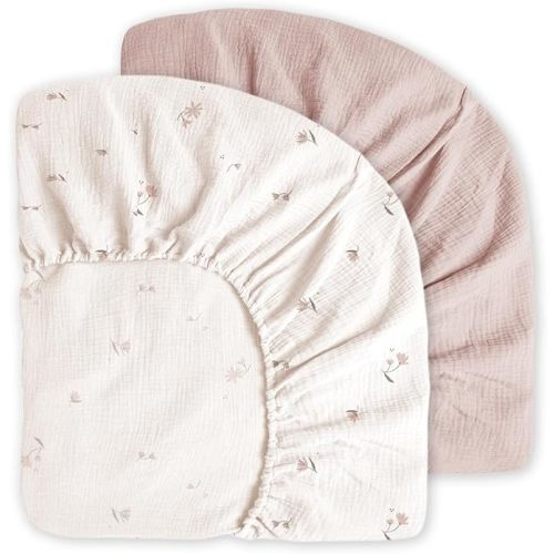 Little Grape Land Muslin Crib Sheets Fitted for Boys and Girls 2 Pack, 100% Cotton Baby Bed Sheets Soft Breathable, Neutral Fitted Baby Mattress Sheets for Standard Crib 52x28 inches, Fog Flower