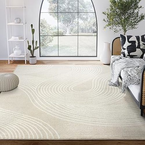Abani Beige and White Swirl Area Rug | 5'3" x 7'6" Cream Carpet with Wave Pattern | Modern Rug for Living Room, Bedroom and Office | Nuevo Collection