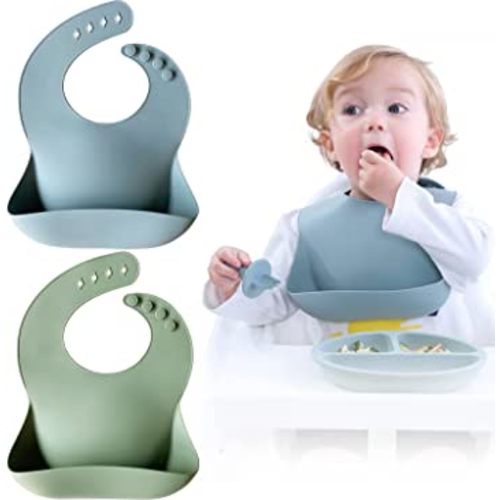 Moonkie Silicone Baby Bibs Set Of 2 | BPA Free Waterproof | Soft Durable Adjustable Silicone Bibs for Babies & Toddlers(Ether/Sage)
